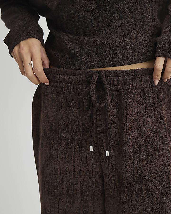 River Island Brown Premium Crinkle Effect Wide Leg Joggers