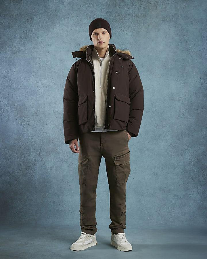 River Island Brown Premium Faux Fur Trim Puffer Coat