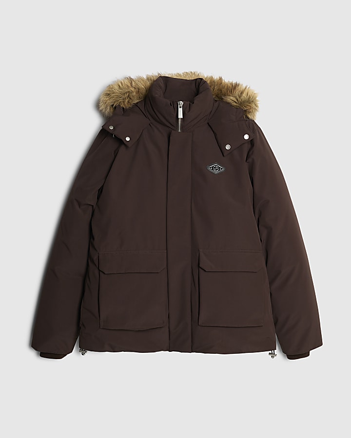 river island Brown Premium Faux Fur Trim Puffer Coat