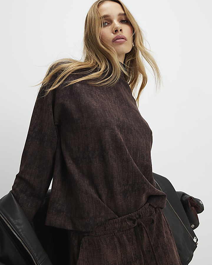 River Island Brown Premium High Neck Crinkle Effect Top
