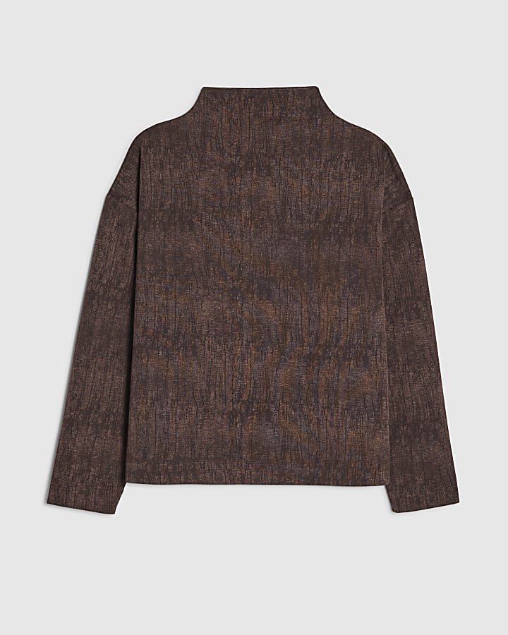 river island Brown Premium High Neck Crinkle Effect Top
