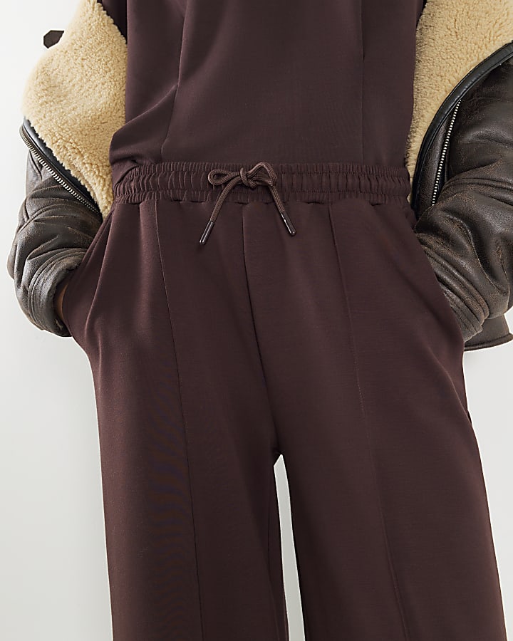 River Island Brown Premium Wide Leg Pintuck Joggers