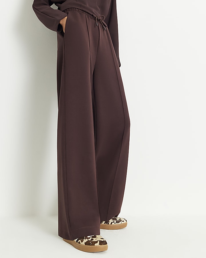 River Island Brown Premium Wide Leg Pintuck Joggers