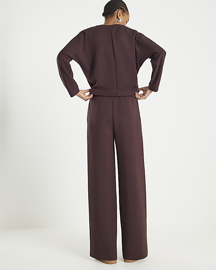 River Island Brown Premium Wide Leg Pintuck Joggers