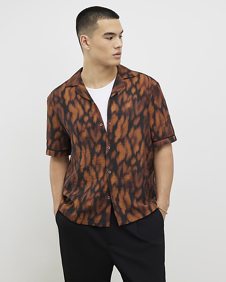 River Island Brown Regular Fit Abstract Animal Print Shirt