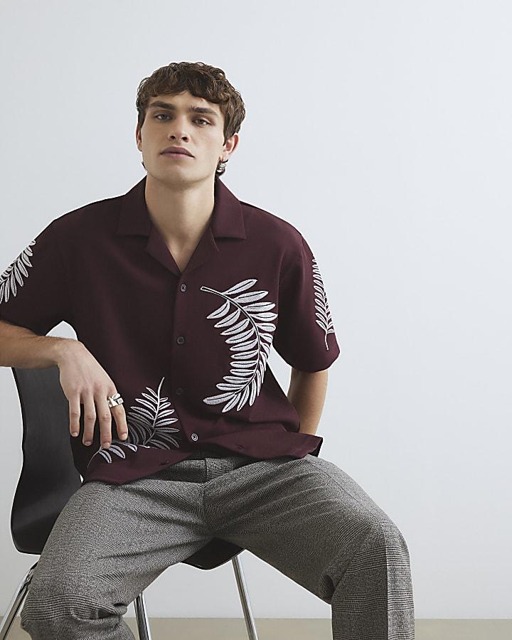 River Island Brown Regular Fit Leaf Embroidered Shirt