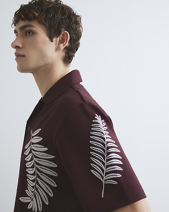 River Island Brown Regular Fit Leaf Embroidered Shirt