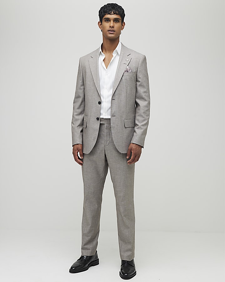 River Island Brown Regular Fit Pinstriped Suit Jacket