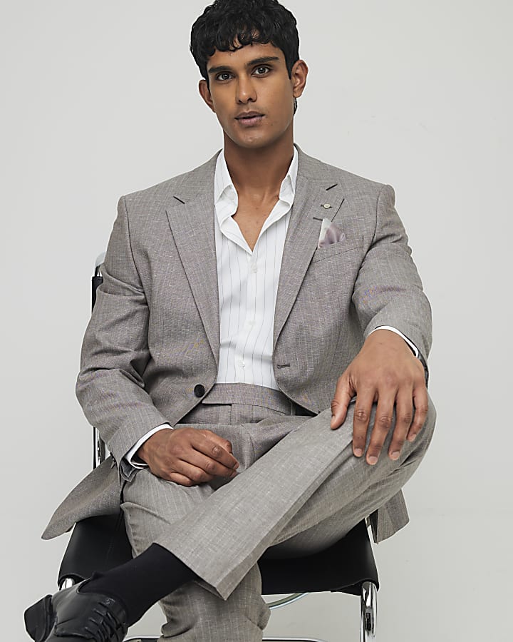 River Island Brown Regular Fit Pinstriped Suit Trousers