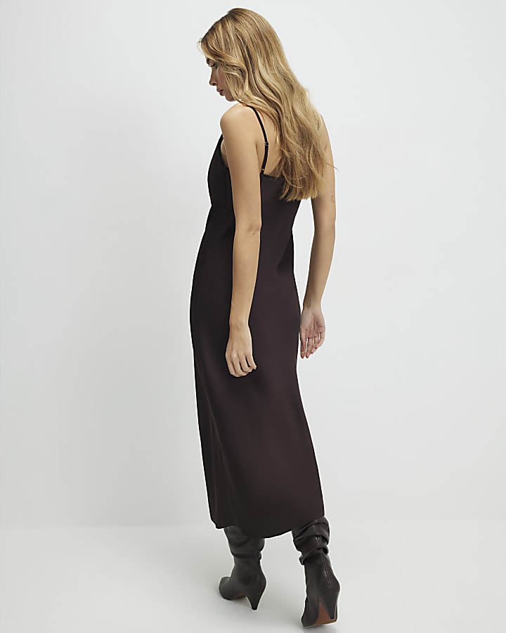 River Island Brown Satin Cowl Neck Lace Trim Midi Dress