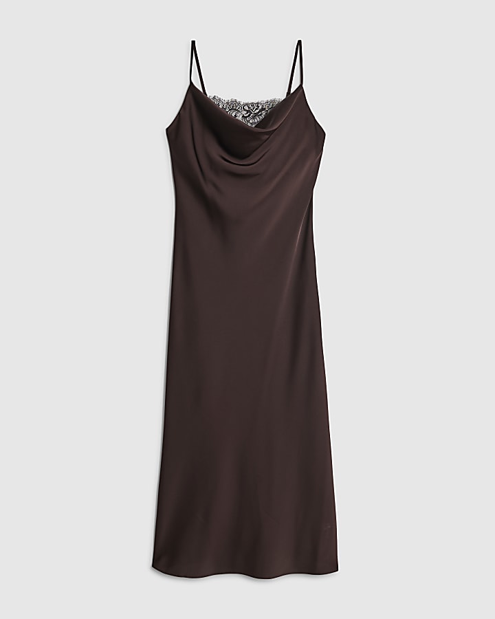 river island Brown Satin Cowl Neck Lace Trim Midi Dress
