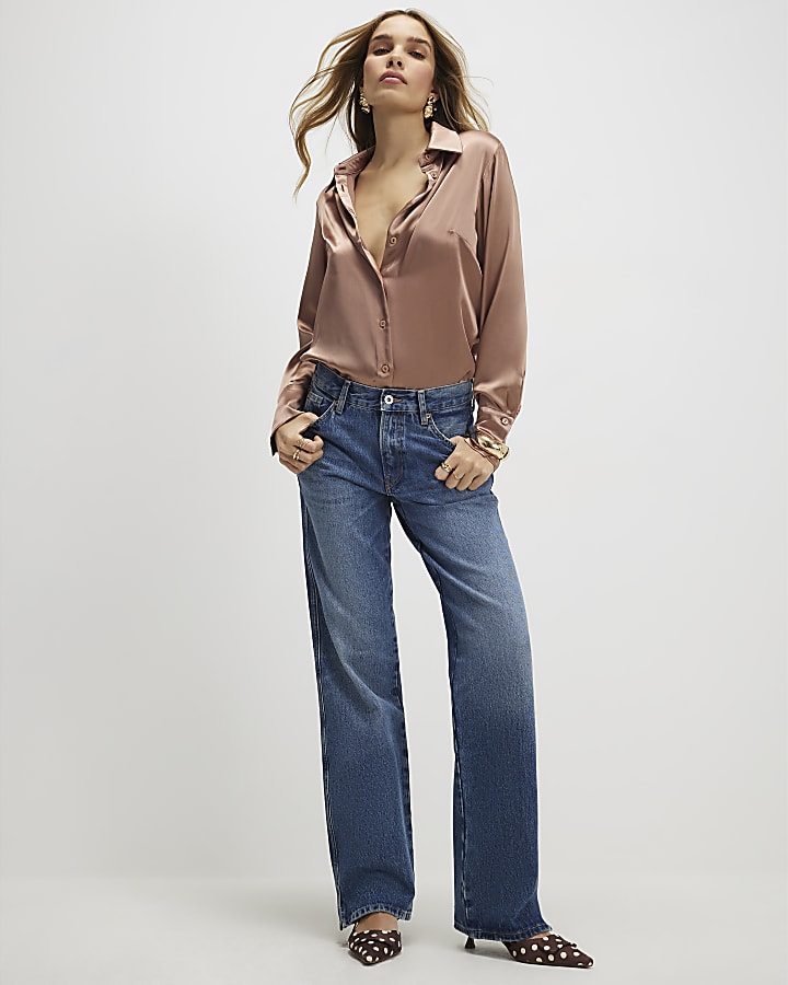 River Island Brown Satin Slim Fit Long Sleeve Shirt