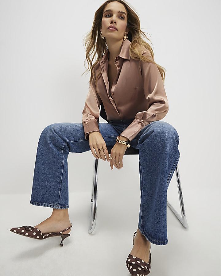 River Island Brown Satin Slim Fit Long Sleeve Shirt