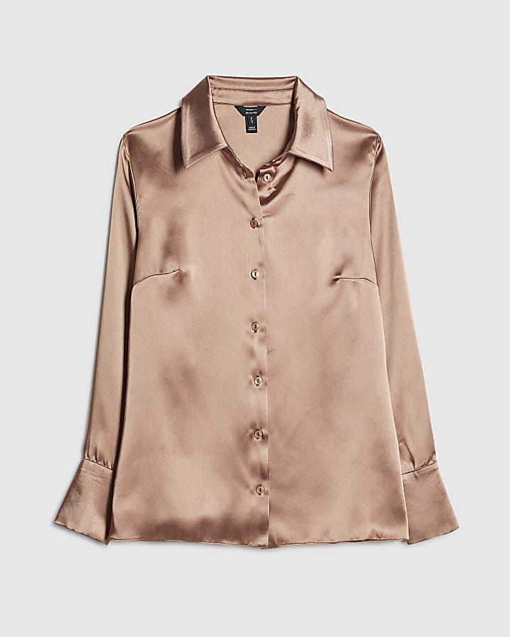river island Brown Satin Slim Fit Long Sleeve Shirt