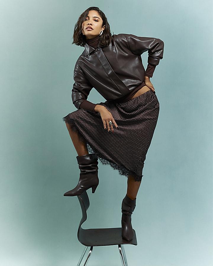 River Island Brown Satin Spot Print Lace Trim Midi Skirt