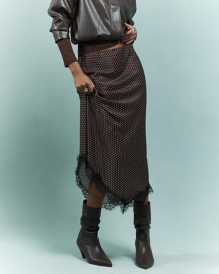 River Island Brown Satin Spot Print Lace Trim Midi Skirt