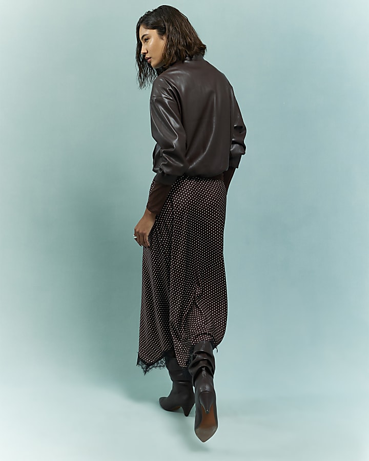 River Island Brown Satin Spot Print Lace Trim Midi Skirt