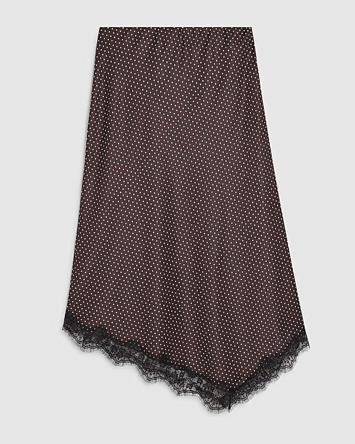 river island Brown Satin Spot Print Lace Trim Midi Skirt