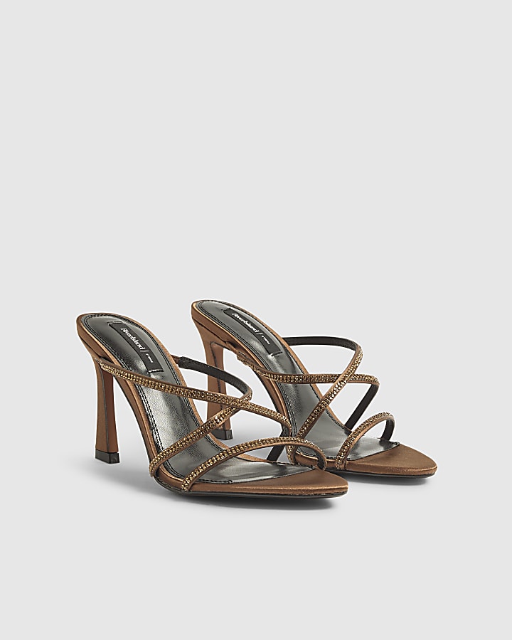River Island Brown Satin Strappy Heeled Mule Sandals
