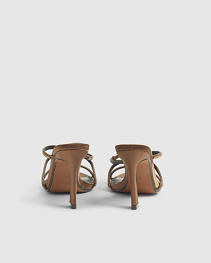 River Island Brown Satin Strappy Heeled Mule Sandals