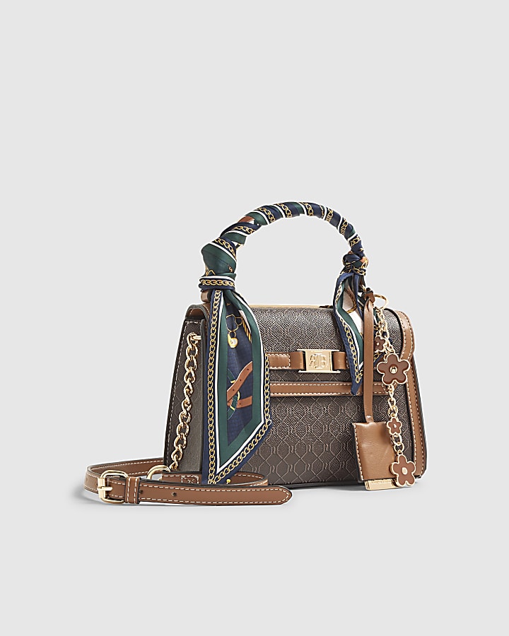 River Island Brown Scarf Detail Monogram Print Tote Bag