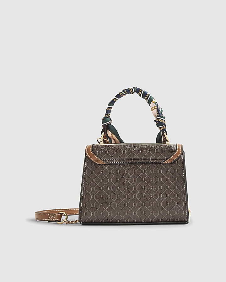 River Island Brown Scarf Detail Monogram Print Tote Bag
