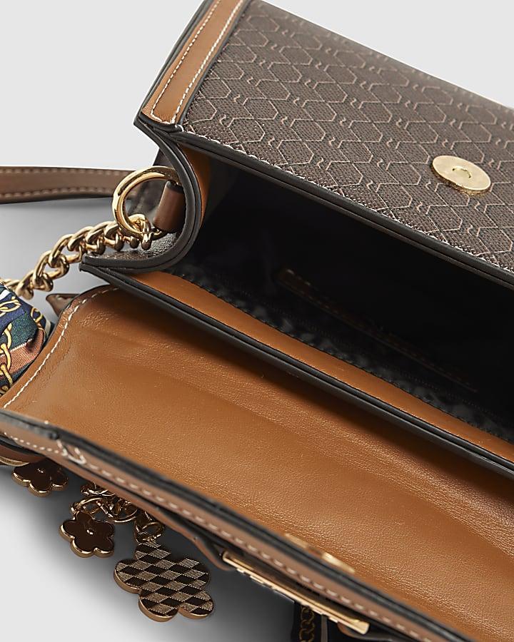 river island Brown Scarf Detail Monogram Print Tote Bag