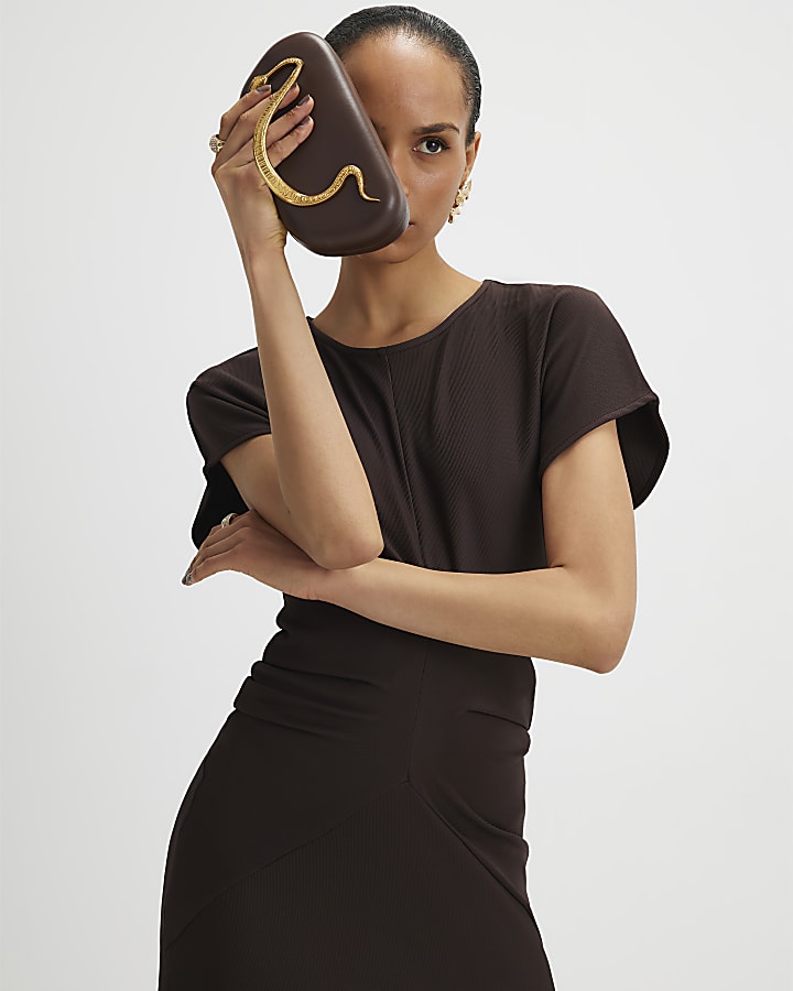 River Island Brown Short Sleeve Cinched Waist Maxi Dress