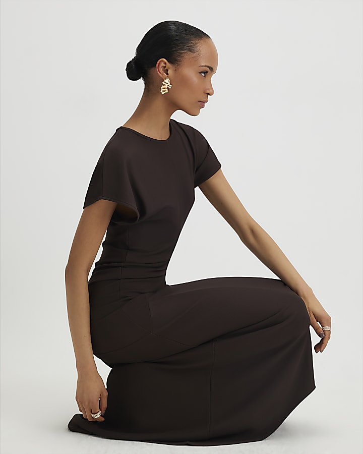 River Island Brown Short Sleeve Cinched Waist Maxi Dress