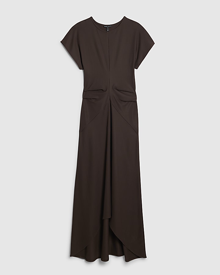 river island Brown Short Sleeve Cinched Waist Maxi Dress