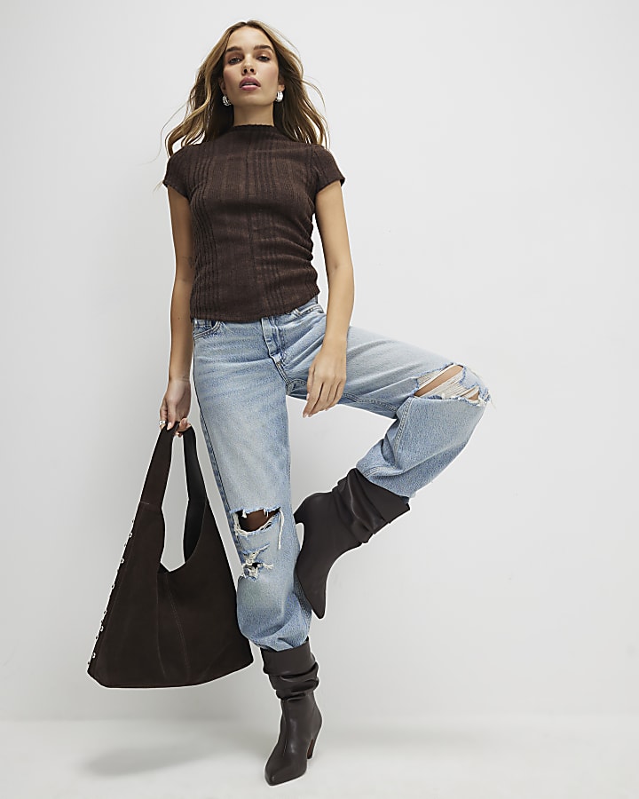 River Island Brown Short Sleeve Cosy Cap Sleeve Top