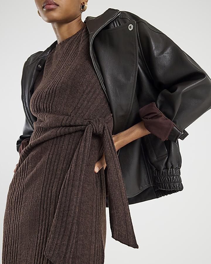 River Island Brown Short Sleeve Cosy Ribbed Midi Dress