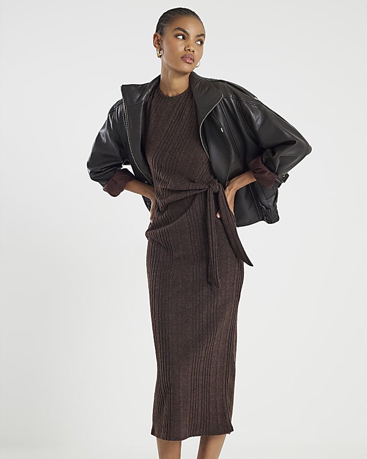River Island Brown Short Sleeve Cosy Ribbed Midi Dress