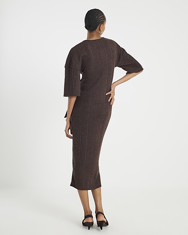 River Island Brown Short Sleeve Cosy Ribbed Midi Dress
