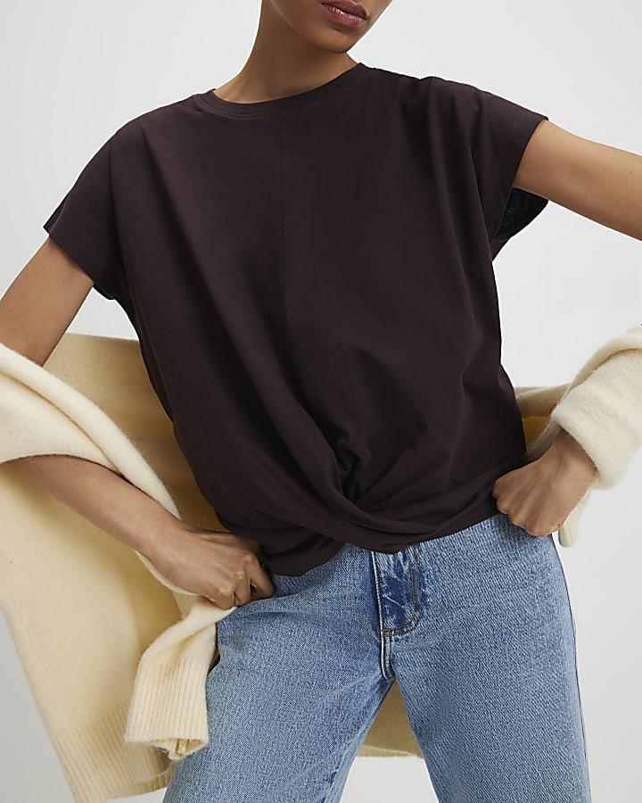 River Island Brown Short Sleeve Twist Front T-Shirt