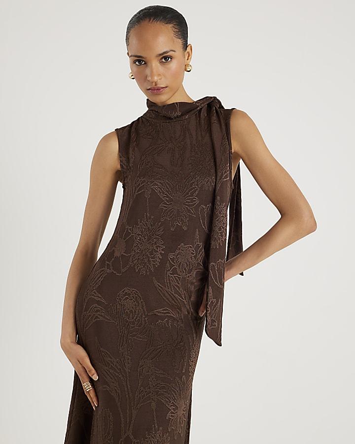 River Island Brown Sleeveless Jacquard Scarf Midi Dress