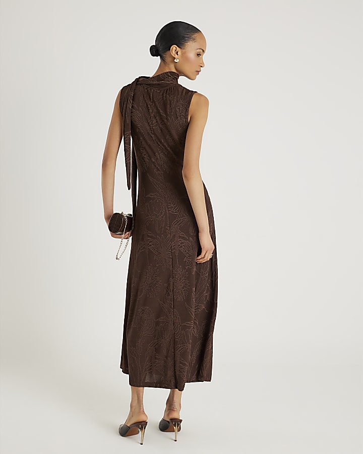 River Island Brown Sleeveless Jacquard Scarf Midi Dress
