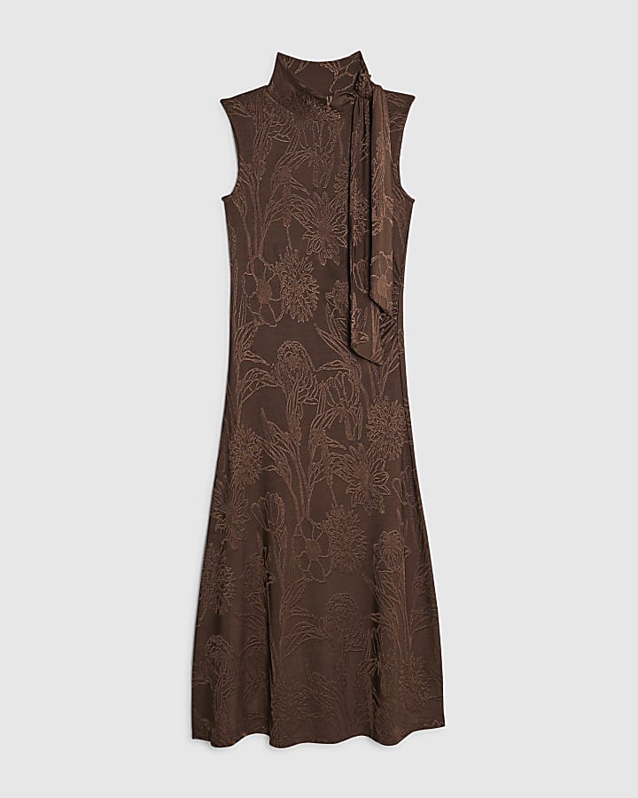 river island Brown Sleeveless Jacquard Scarf Midi Dress