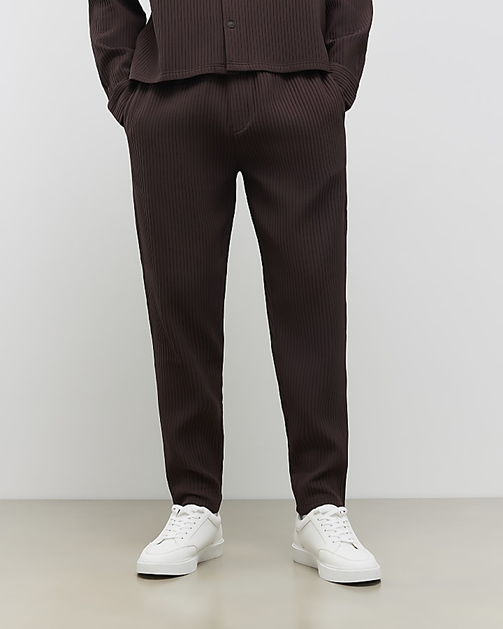 River Island Brown Slim Fit Plisse Wide Leg Joggers