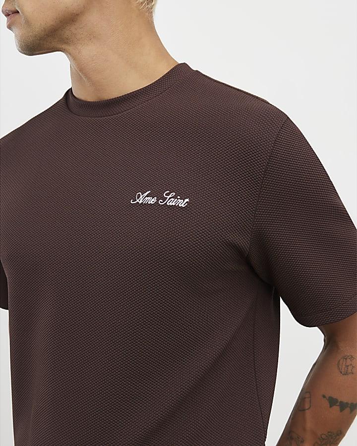 River Island Brown Slim Fit Slinky Ame Saint T-Shirt