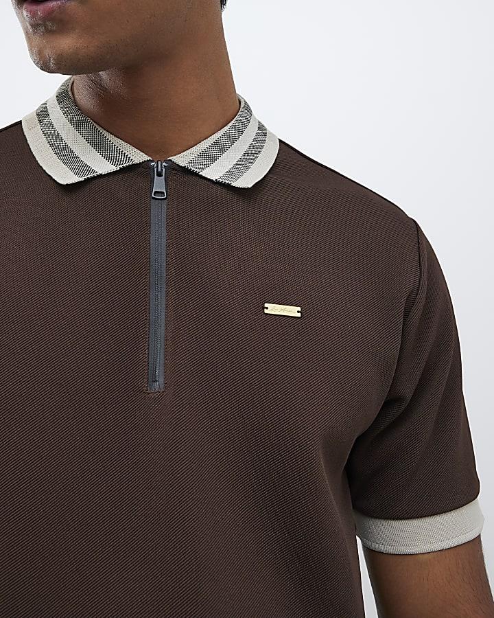 River Island Brown Slim Fit Stripe Collar Polo Shirt