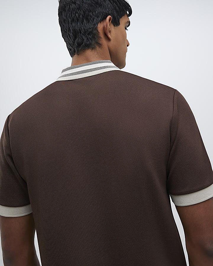 River Island Brown Slim Fit Stripe Collar Polo Shirt