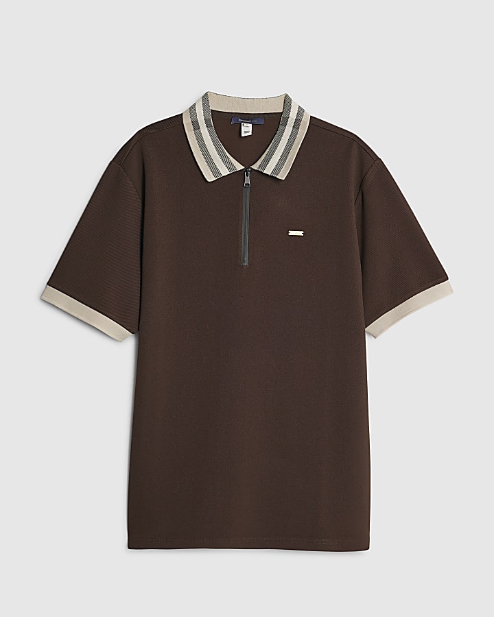 river island Brown Slim Fit Stripe Collar Polo Shirt