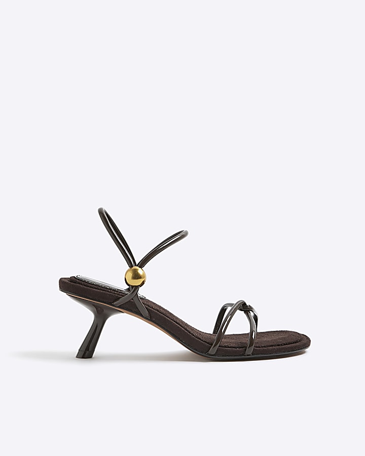 River Island Brown Strappy Gold Trim Slanted Heel Sandals