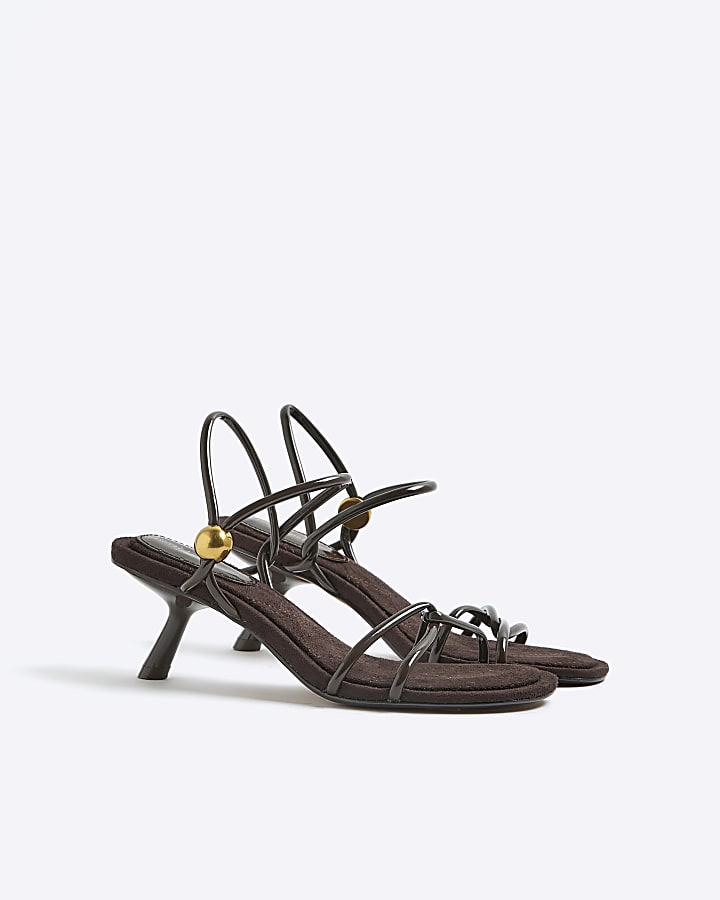 River Island Brown Strappy Gold Trim Slanted Heel Sandals