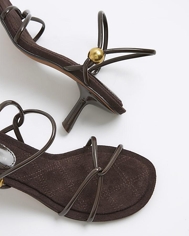 river island Brown Strappy Gold Trim Slanted Heel Sandals
