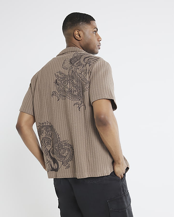 River Island Brown Striped Dragon Embroidered Shirt