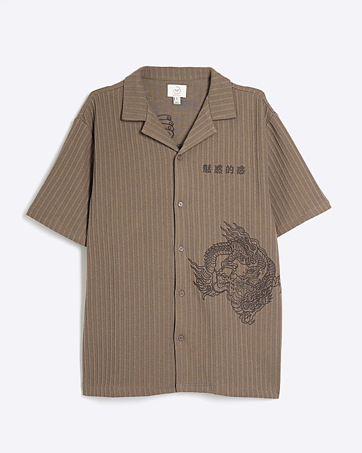 river island Brown Striped Dragon Embroidered Shirt