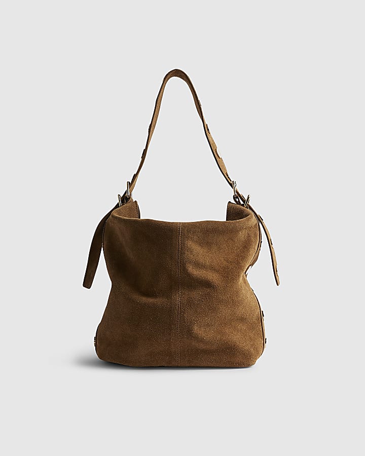 River Island Brown Studded Suede Slouch Shoulder Bag