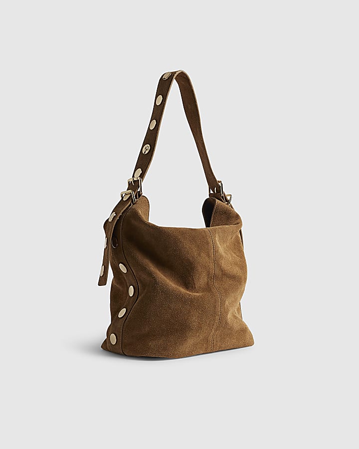 River Island Brown Studded Suede Slouch Shoulder Bag